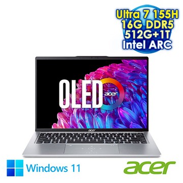 ACER Swift Go 14 SFG14-73-731T 銀 14吋AI&EVO筆電 (2.8K OLED/Intel Ultra 7 155H/16G DDR5/512G+1T