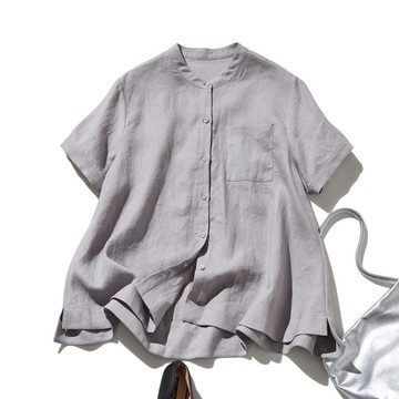 夏日透氣首選｜質感亞麻短袖襯衫 亦可當罩衫｜100%亞麻 淺灰色 250513-3