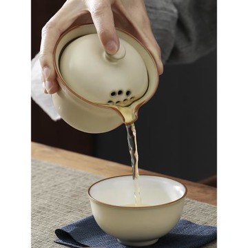 汝窯蓋碗茶杯家用大號米黃防燙單個泡茶壺功夫手抓壺開片茶具套裝