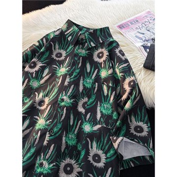 海邊度假夏威夷襯衫男短袖夏季薄款冰絲花襯衣美式復古五分袖上衣