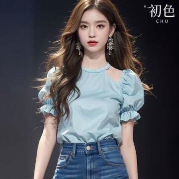初色 法式甜美純色露肩荷葉領公主袖短袖襯衫上衣-藍色- 36313(M-2XL可選)