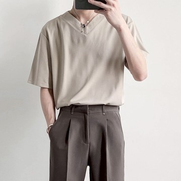 ZPZ輕熟韓風青少年寬松V領短袖T恤夏 潮流男士半袖上衣百搭體恤衫