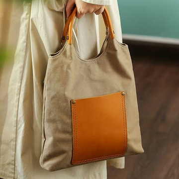 復古帆布真皮拼接托特包032705