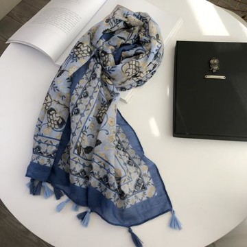 輕薄藍色棉麻圍巾夏遮陽防曬披肩兩用海邊旅游度假沙灘巾絲巾女士