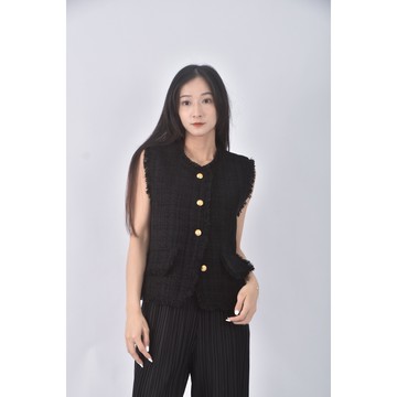 (S) 名媛小香風質感背心黑色上衣二手衣