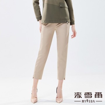 MYVEGA麥雪爾 配色織帶前褲管開衩顯瘦長褲-卡其