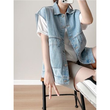 女士全棉外穿牛仔馬甲 純棉寬松學生工裝背心 坎肩 春夏款 女裝