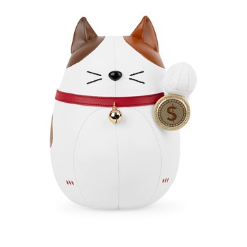 Zuny 葛洛伯時｜招財貓 Lucky Cat-Fu 皮革動物書檔擺飾 白棕富貓