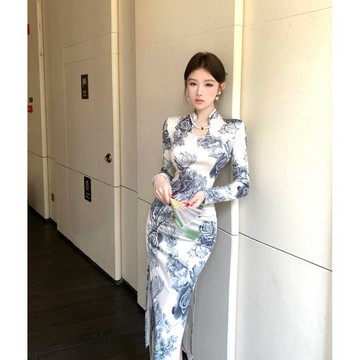 【桃喜Rich女裝】花色旗袍 尾牙洋裝 過膝洋裝 古典服裝 改良漢服 新款印花修身顯瘦連衣裙 婚宴禮服 長旗袍 國風洋裝