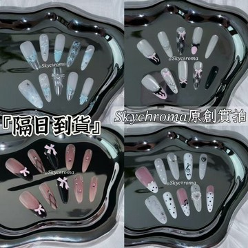 【台灣🎀隔日到貨】𝑆𝑘𝑦𝑐ℎ𝑟𝑜𝑚𝑎原創實拍春夏新款半手工穿戴甲 ins風法式手繪蝴蝶結顯白水滴尖美甲貼片 假指甲指甲貼