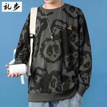 國潮ins趣味滿印小熊圓領衛衣男潮牌街頭寬松bf風情侶休閑長袖T恤