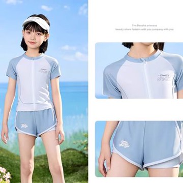 Biki.泳衣3-5L大童泳裝艾略拉鍊短袖二件式短褲