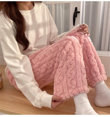 發熱爆款 法蘭絨手感保暖蓄熱粉居家睡褲長褲 (中大尺碼 2XL 秋冬 發熱 長褲 刷毛褲)