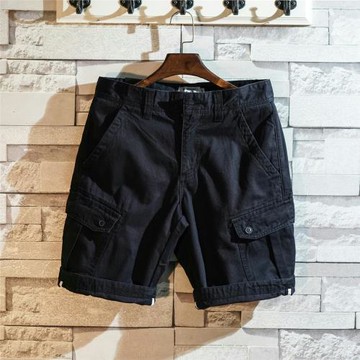 工裝純棉休閑五分短褲多口袋哈倫復古純色百搭水洗中褲潮牌男四分