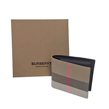 BURBERRY 巴寶莉 英系經典格紋拼接雙層對折4卡零錢袋短夾(灰褐色/棕色)