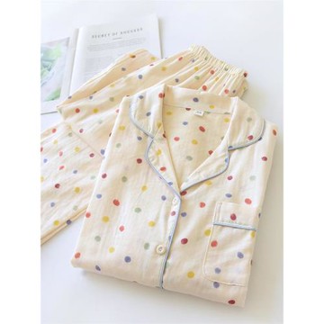 日系100%純棉雙層紗布女士睡衣春秋新款全棉長袖開衫寬松家居服套