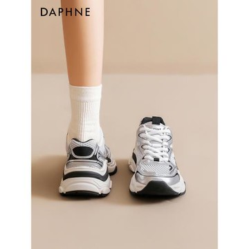 達芙妮銀色老爹鞋女夏季2024爆款厚底透氣網面女鞋薄款休閑運動鞋