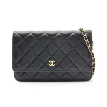 CHANEL 香奈兒 鏈帶 肩背包 黑色 菱格紋 羊皮 金釦 AP0250 【二手名牌BRAND OFF】