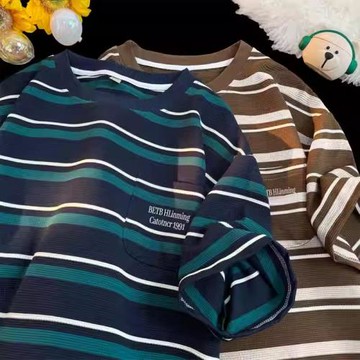 復古拼接條紋短袖寬松T恤男女潮流行百搭口袋體恤半袖上衣服