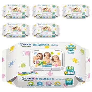 OMA&Baby 拭拭樂 嬰兒抗菌柔濕巾 巧扣立蓋 幸運草版  80張  6包  55g