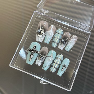 ✨Hannah✨純手工【薄荷海鹽】金屬辣妹甜辣手繪綠色夏季高級手工穿戴甲片精緻穿戴甲 Y1IN