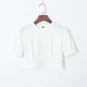 夏季女裝韓版清新圓領套頭短袖褶皺收腰顯瘦短款露臍白色T恤