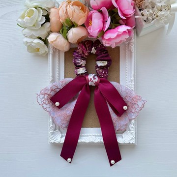 長尾蝴蝶結蕾絲浪漫風格棉布髮圈大腸圈髮飾-酒紅色