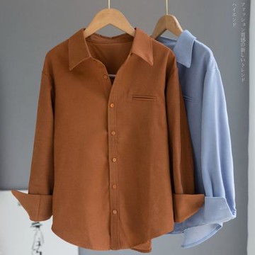 出口外貿高端復古文藝焦糖色磨毛襯衫女設計感小眾疊穿上衣打底衫