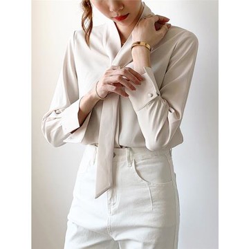 JANE 米麥色緞面通勤襯衫女2021秋季新款飄帶領長袖質v領襯衣職業