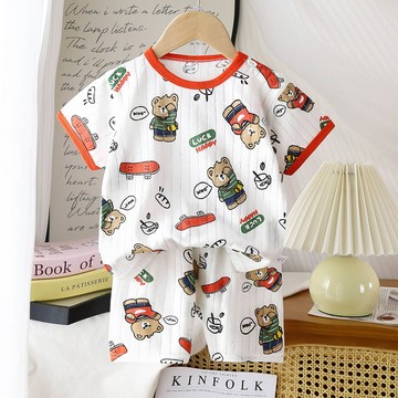 WarmNest - 純棉網眼透氣短袖短褲家居服套裝-麵包小熊