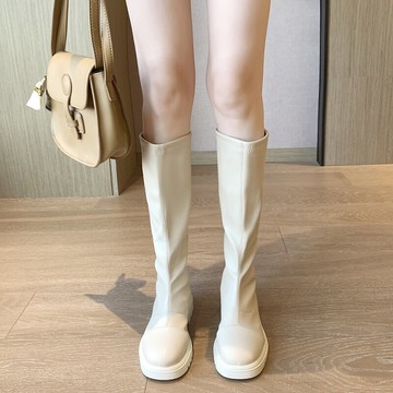 長靴女不過膝2021年春秋季新款小方頭馬丁靴高筒靴百搭白色騎士靴