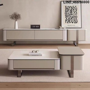 免運 開立發票 電視櫃 收納櫃 儲物櫃 落地櫃 背景櫃 馬鞍皮高級巖板茶幾電視櫃組合現代簡約輕奢長方形網紅落地式整裝 支持訂製