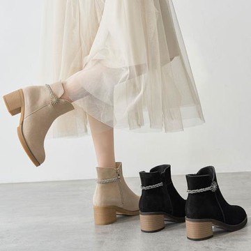 春秋百搭秋季翻毛皮短靴2023年新款早秋款高跟鞋子女馬丁靴子低幫