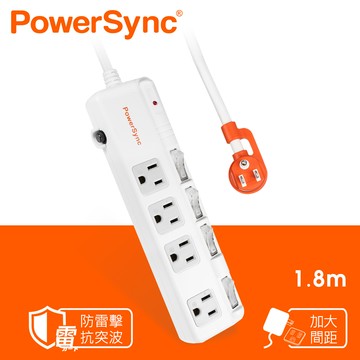 群加 PowerSync 四開四插斜面開關防雷擊延長線/1.8m(TPS344BN9018)