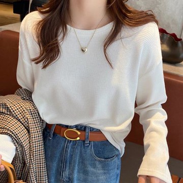 小云米小云米長袖t恤女秋冬純色設計感小眾寬松打底衫內搭華夫格