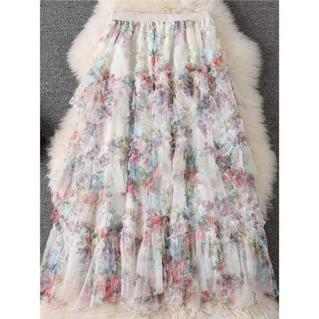 松緊腰碎花網紗半身裙2025秋冬新款洋氣層層蛋糕裙印花仙女長裙子