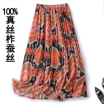 真絲半裙柞蠶絲裙春夏開叉夏復古氣質顯瘦油絲松緊腰印花半身裙女