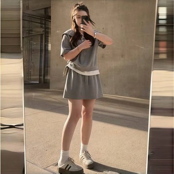 大碼女裝胖mm慵懶風假兩件海軍領短袖短裙夏季顯瘦時尚套裝240斤