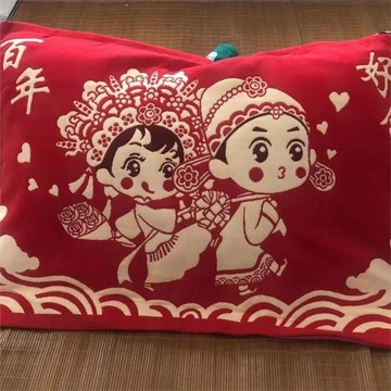 枕巾純棉一對裝結婚用大紅喜字豪華情侶款婚慶紗布加成人情侶回禮