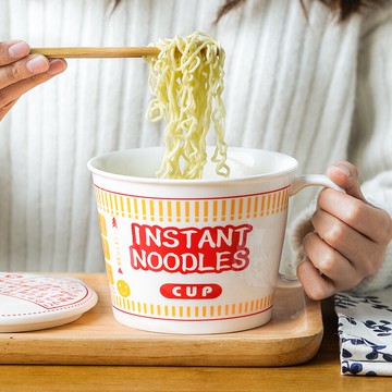 日式泡面碗 帶蓋大碗陶瓷把手面碗方便面湯碗ins可愛易清洗