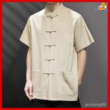 🔥中國風短袖上衣男 中老年茶服寬松襯衫 夏季民族風衣服 唐裝上衣男 薄款亞麻短袖襯衫吸湿排汗,透气,纯棉粗布唐装男