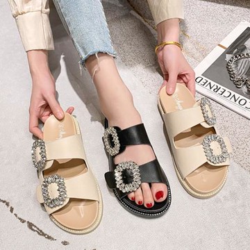 拖鞋女夏厚底搭扣2024新款涼拖外穿松糕平底度假沙灘鞋大碼41-43