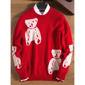 【現貨 5折清倉】秋冬季加厚男士羊絨衫小熊圓領紅色本命年毛衣男
