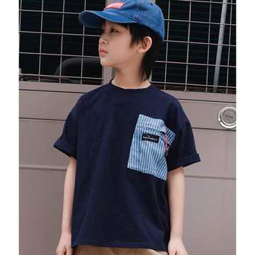 Y B S - 棉質圓領短袖上衣-條紋口袋-藏青彩點
