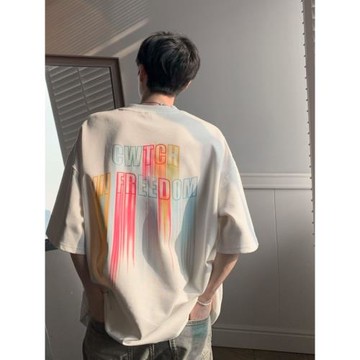 字母涂鴉印花t恤男青少年初中生純棉短袖夏季潮流寬松半袖體恤薄