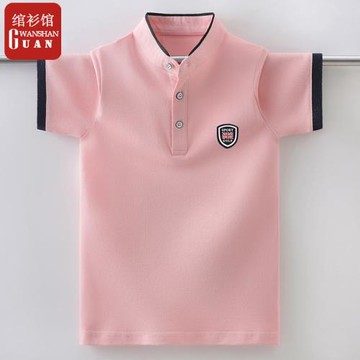 立領男童短袖t恤夏季打底體恤男孩中大童純棉半袖粉色兒童洋氣