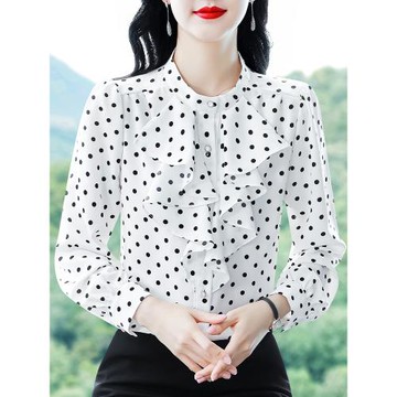 波點雪紡衫襯衫女長袖2026秋季新款高級感黑色喇叭袖小衫時尚上衣