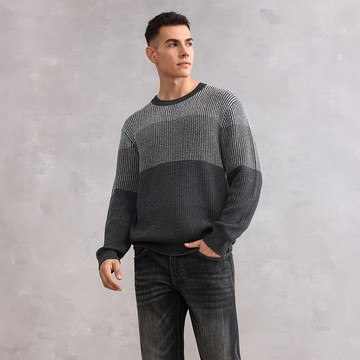 可機洗柔軟輕膚漸變織花款圓領尼龍混紡針織衫/墨黑色 | 5817711398