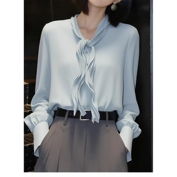【桃喜Rich女裝】法式百搭飄帶襯衫女 春季新款洋氣時尚小眾襯衣 高端輕奢小衫 藍襯衫 長袖上衣女 面試衣服