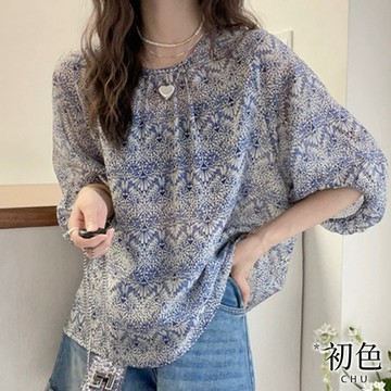 初色 圓領碎花印花五分短袖上衣泡泡袖雪紡女上衣-藍色-35594(M-3XL可選)